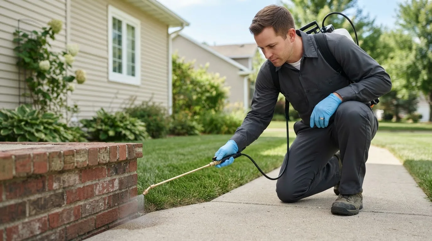 Pest control technician treating a home near Tyner, IN